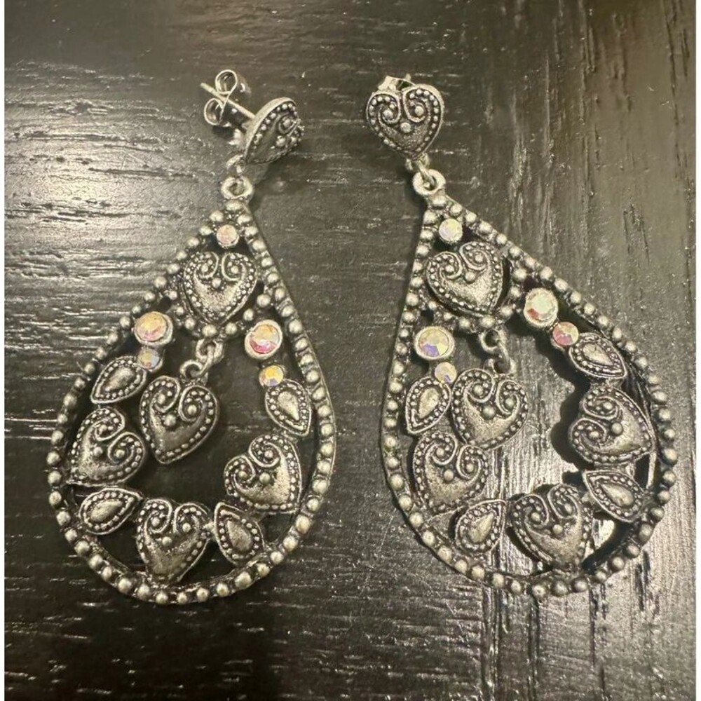 Gothic Romantic Filigree Silver Heart Teardrop Statement Earrings